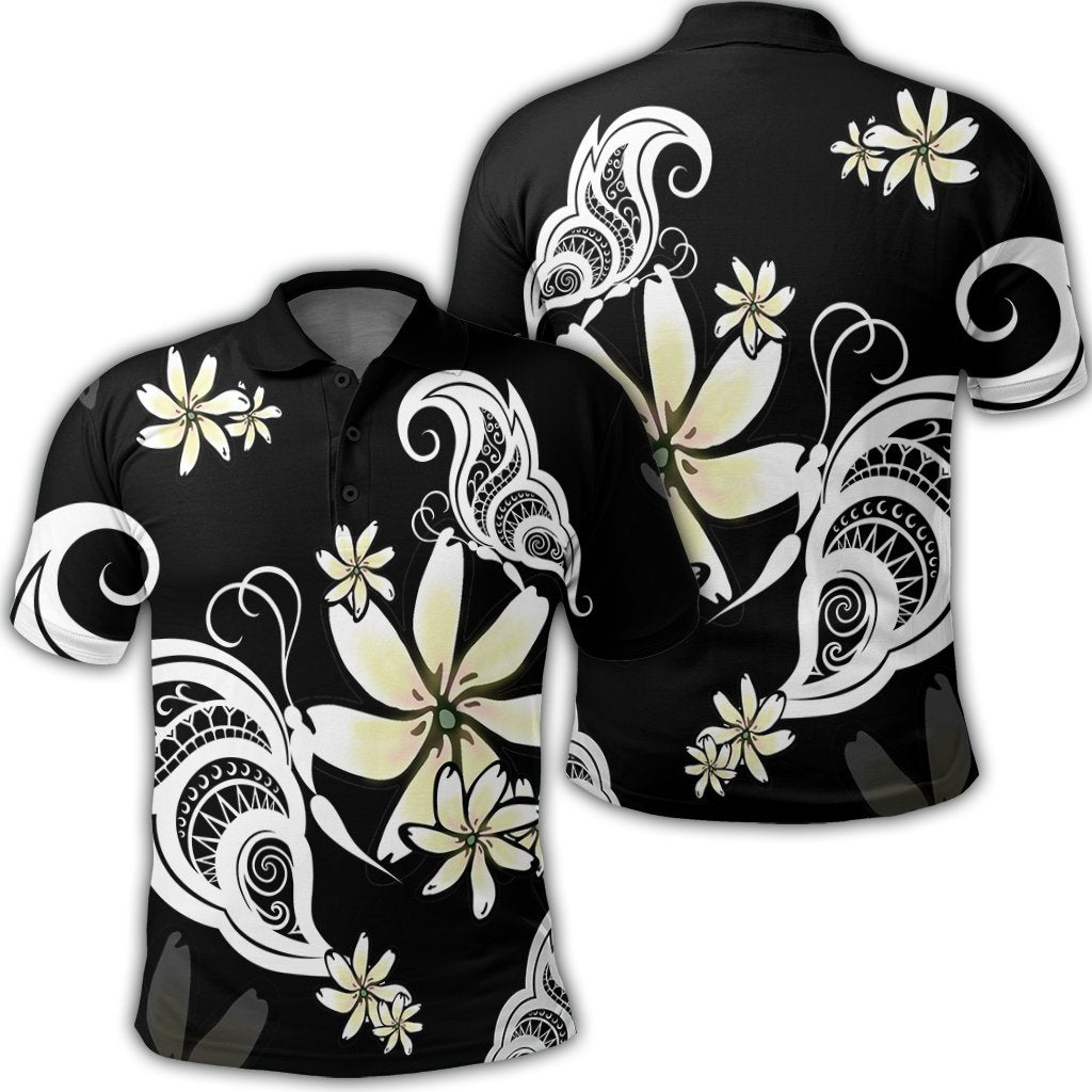 Hawaiian Butterfly Plumeria Polynesian Polo Shirt Unisex Black - Polynesian Pride