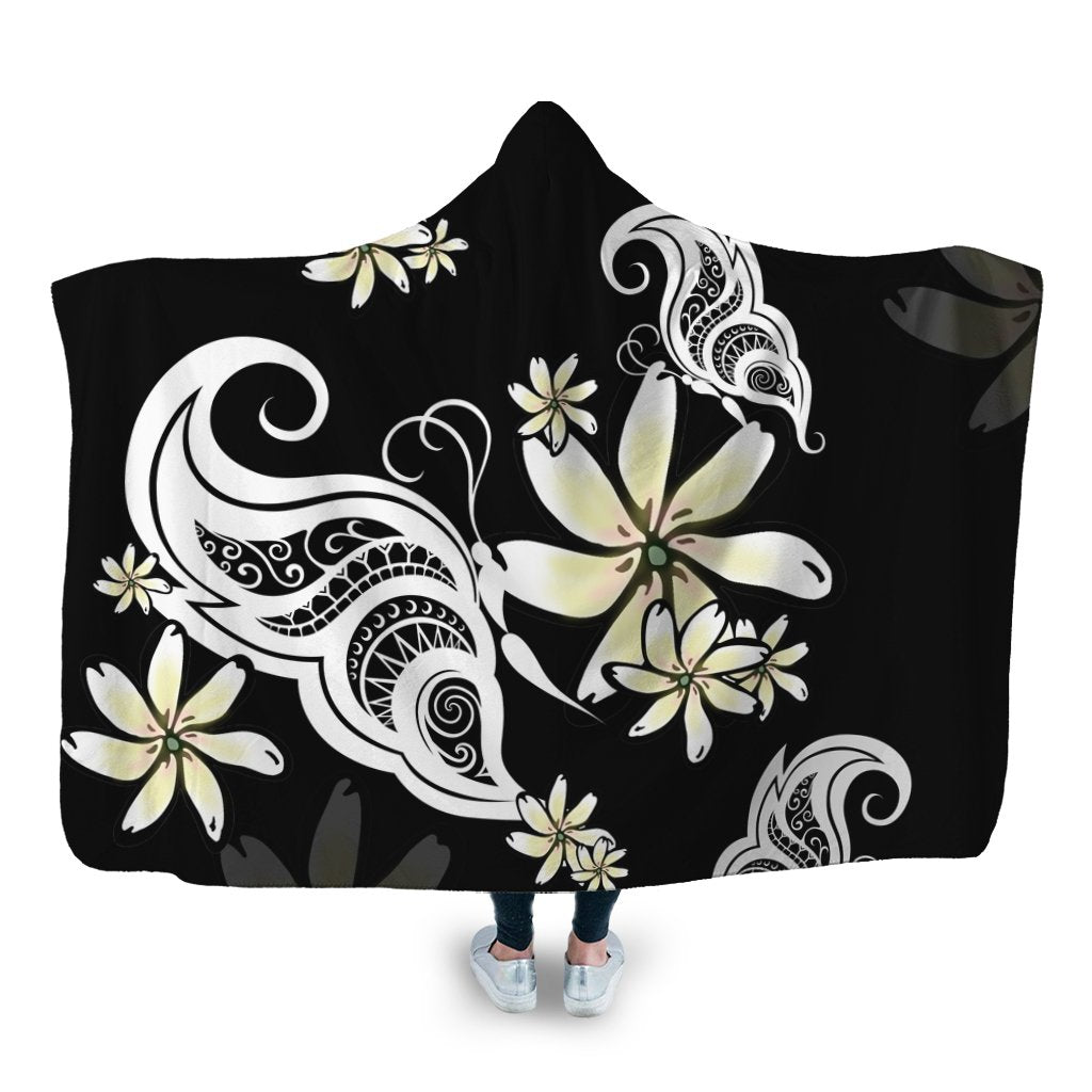 Hawaiian Butterfly Plumeria Polynesian Hooded Blanket - AH Hooded Blanket White - Polynesian Pride