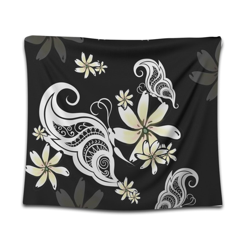 Hawaiian Butterfly Plumeria Polynesian Tapestry - AH Wall Tapestry Black - Polynesian Pride