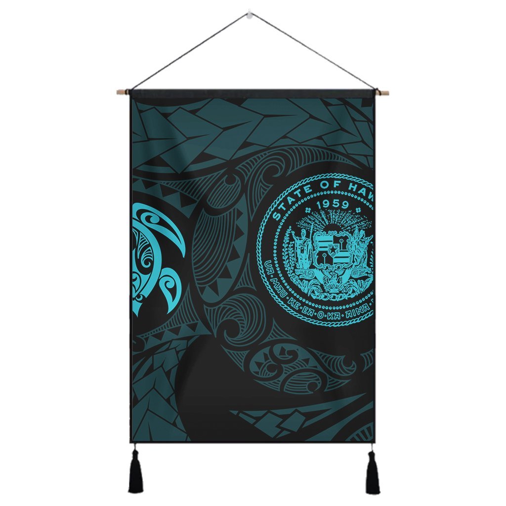 Hawaiian Coat Of Arms Turtle Polynesian Hanging Poster Blue AH Hanging Poster Cotton And Linen - Polynesian Pride