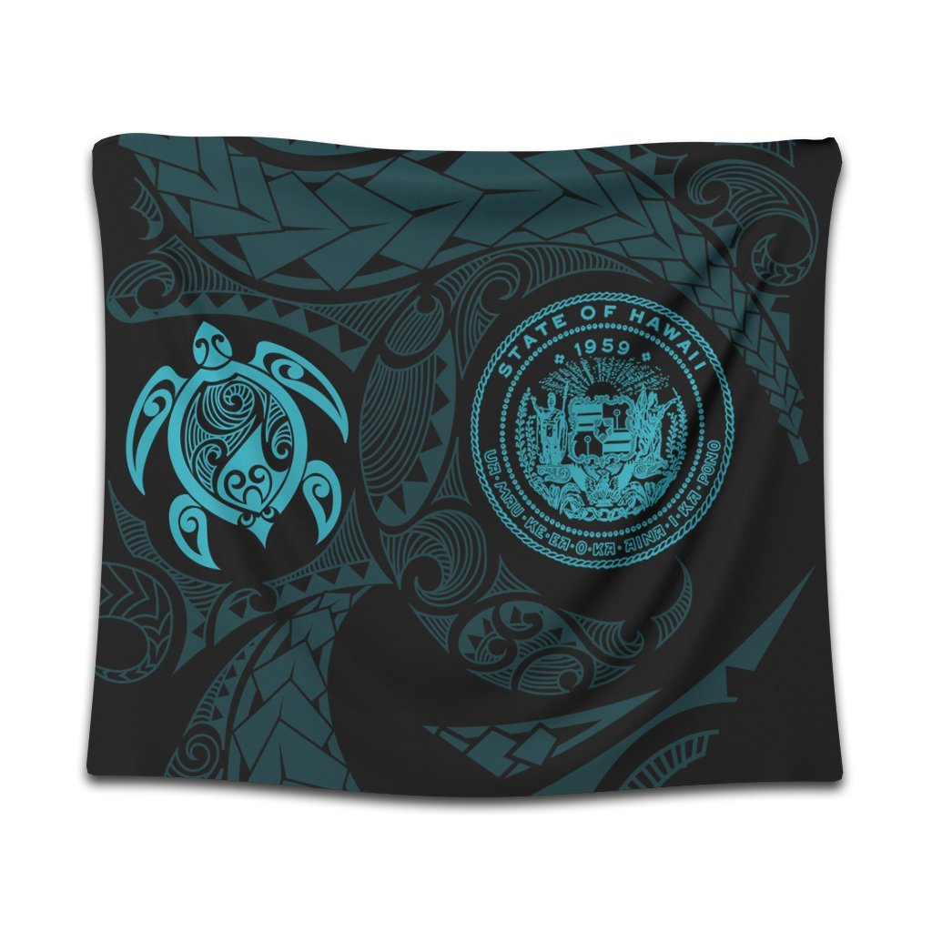 Hawaiian Coat Of Arms Turtle Polynesian Tapestry Blue AH Wall Tapestry Black - Polynesian Pride