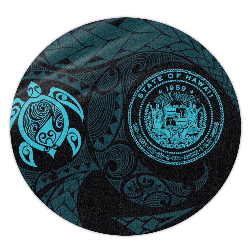 Hawaiian Coat Of Arms Turtle Polynesian Round Carpet Blue AH Round Carpet Luxurious Plush - Polynesian Pride