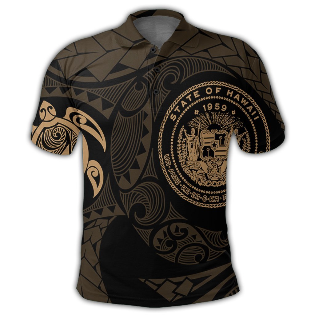 Hawaiian Coat Of Arms Turtle Polynesian Polo Shirt Gold - Polynesian Pride