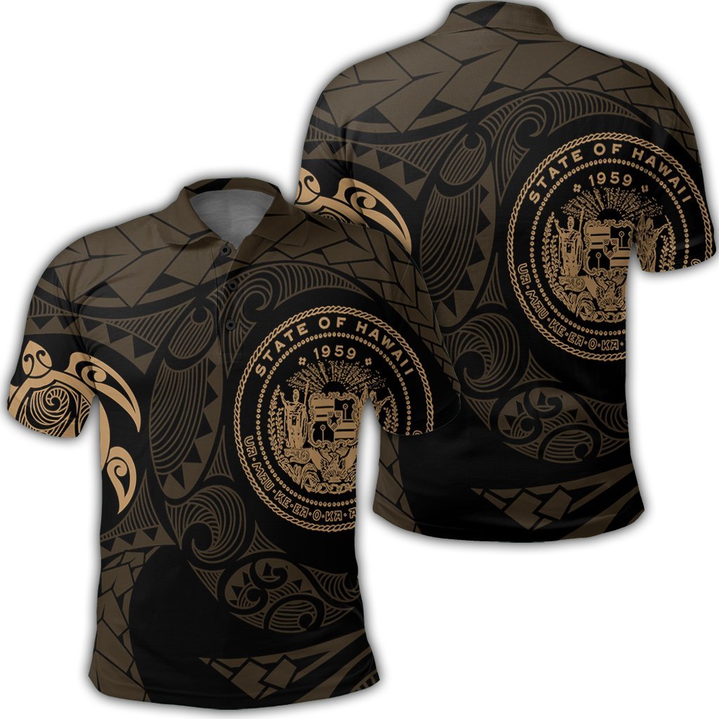 Hawaiian Coat Of Arms Turtle Polynesian Polo Shirt Gold Unisex Black - Polynesian Pride