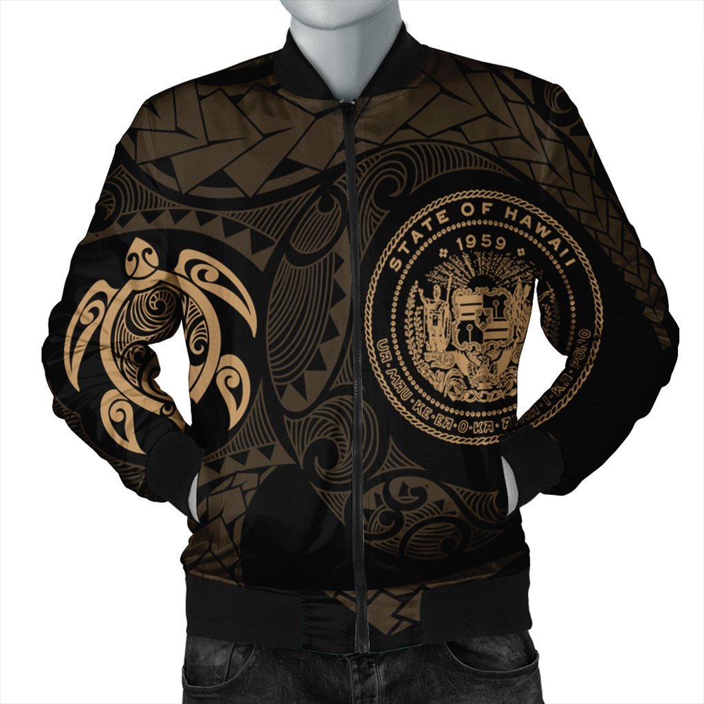 Hawaiian Coat Of Arms Turtle Polynesian Bomber Jacket Gold AH Black Unisex - Polynesian Pride