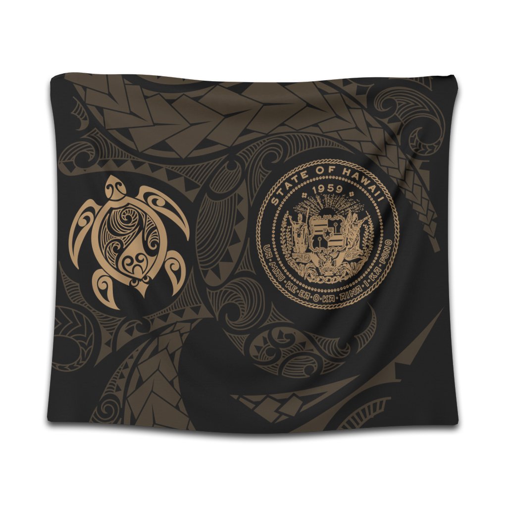 Hawaiian Coat Of Arms Turtle Polynesian Tapestry Gold AH Wall Tapestry Black - Polynesian Pride