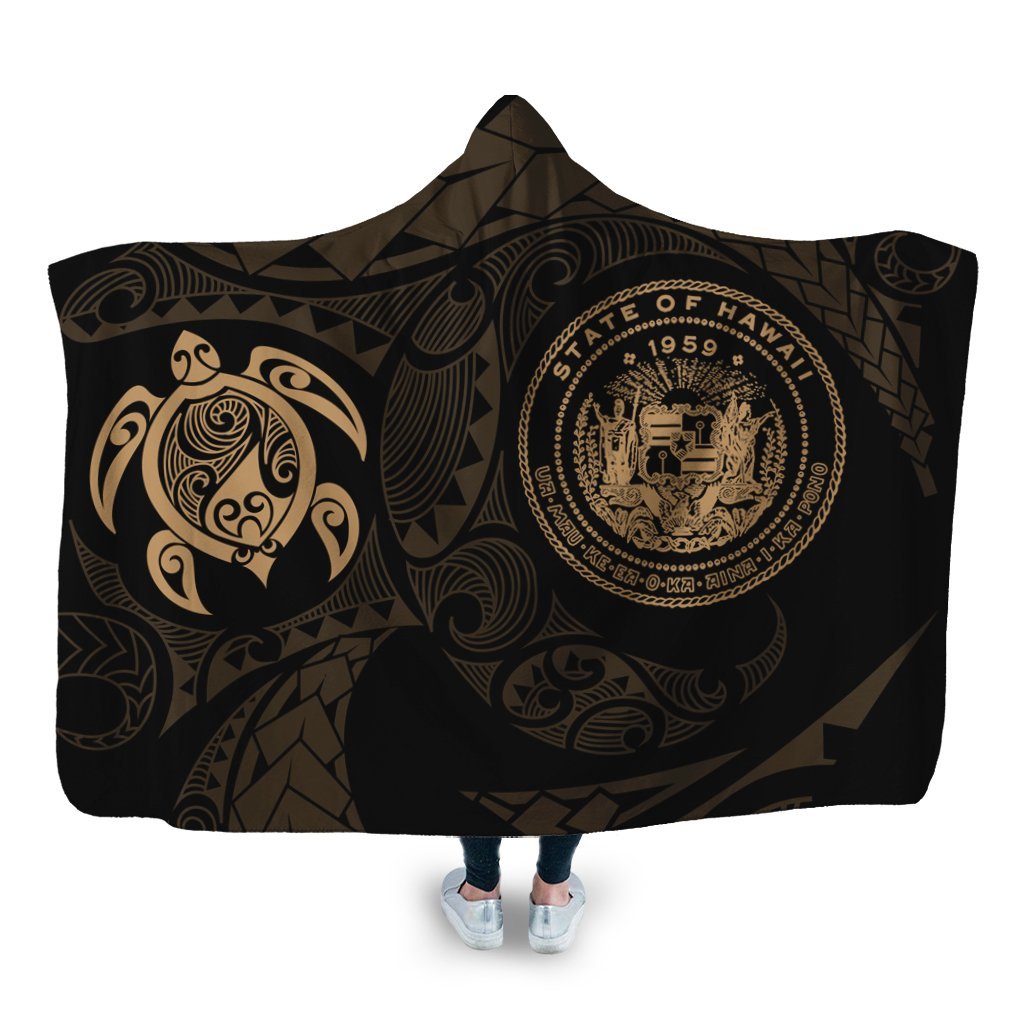 Hawaiian Coat Of Arms Turtle Polynesian Hooded Blanket Gold AH Hooded Blanket White - Polynesian Pride