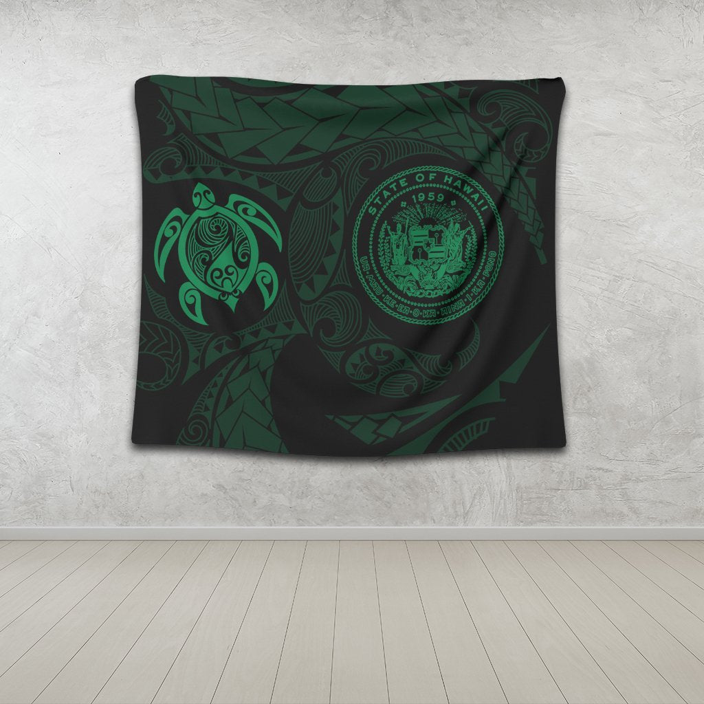 Hawaiian Coat Of Arms Turtle Polynesian Tapestry Green AH - Polynesian Pride