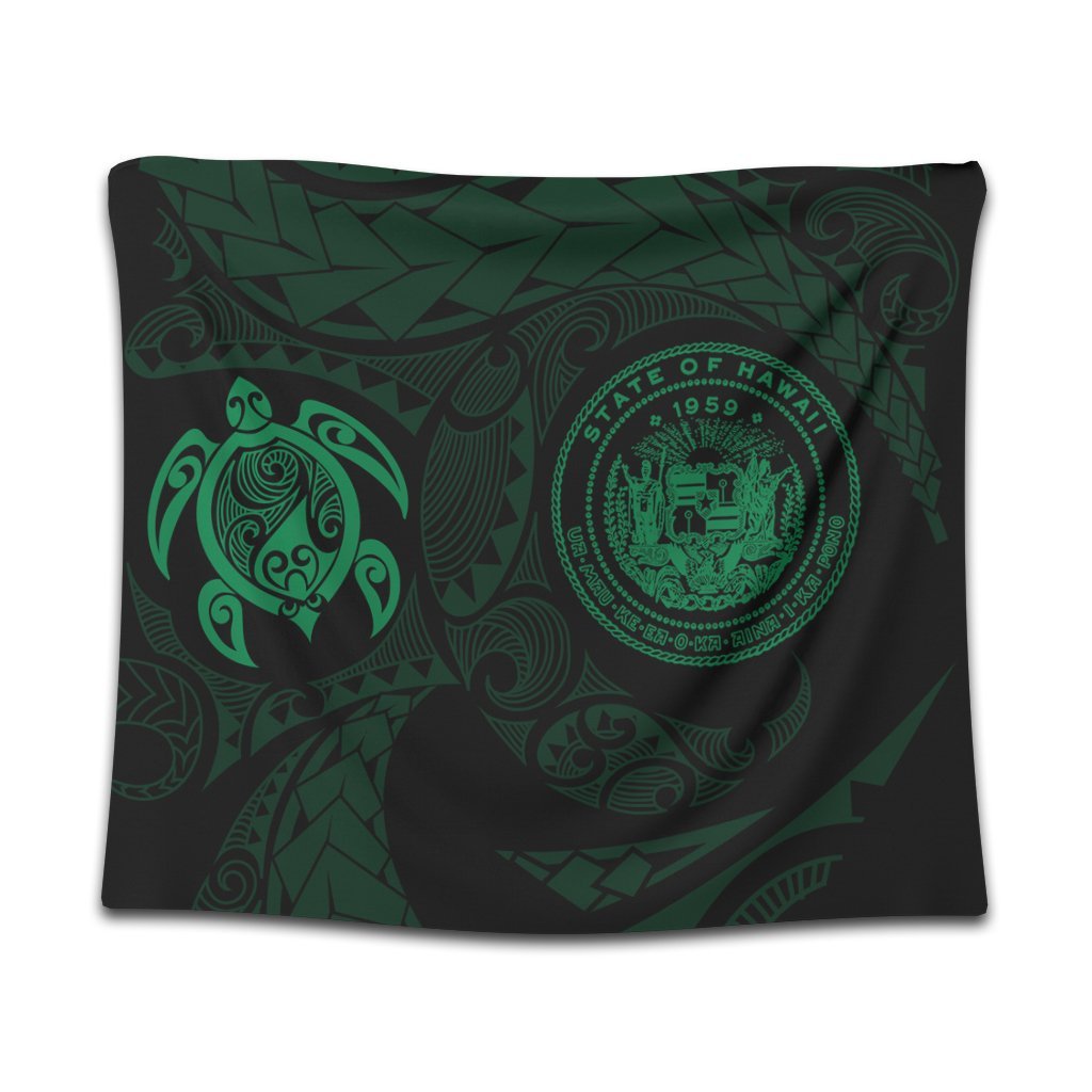 Hawaiian Coat Of Arms Turtle Polynesian Tapestry Green AH Wall Tapestry Black - Polynesian Pride