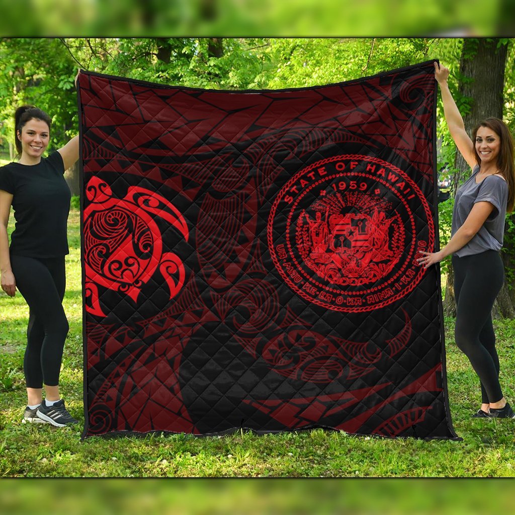 Hawaiian Coat Of Arms Turtle Polynesian Premium Quilts Red AH Black - Polynesian Pride