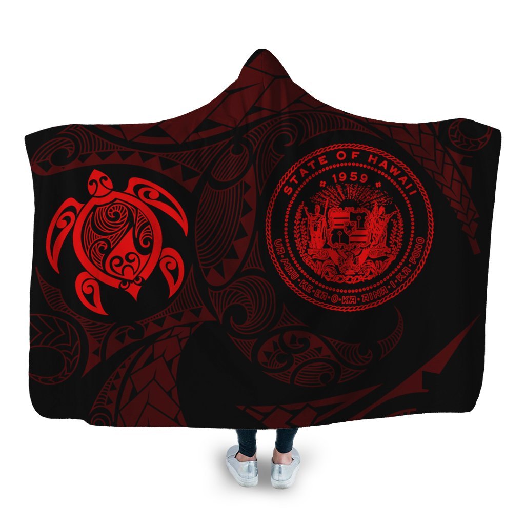 Hawaiian Coat Of Arms Turtle Polynesian Hooded Blanket Red AH Hooded Blanket White - Polynesian Pride