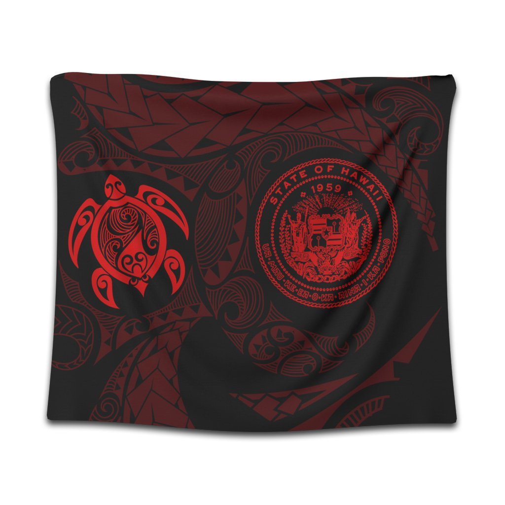 Hawaiian Coat Of Arms Turtle Polynesian Tapestry Red AH Wall Tapestry Black - Polynesian Pride