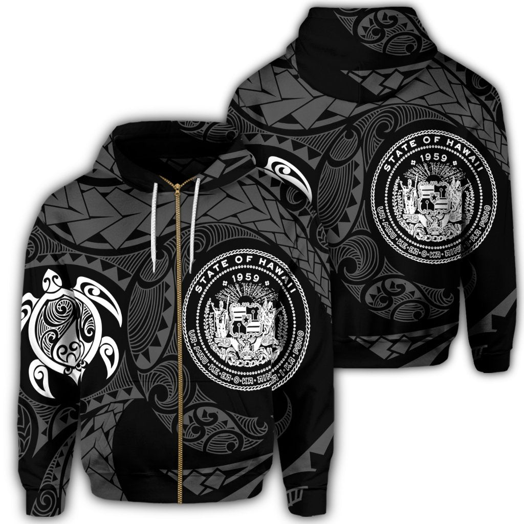Hawaiian Coat of Arms Turtle Polynesian Zip Hoodie White Unisex Art - Polynesian Pride