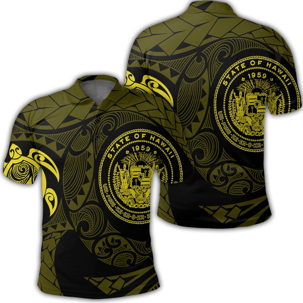 Hawaiian Coat Of Arms Turtle Polynesian Polo Shirt Yellow Unisex Black - Polynesian Pride