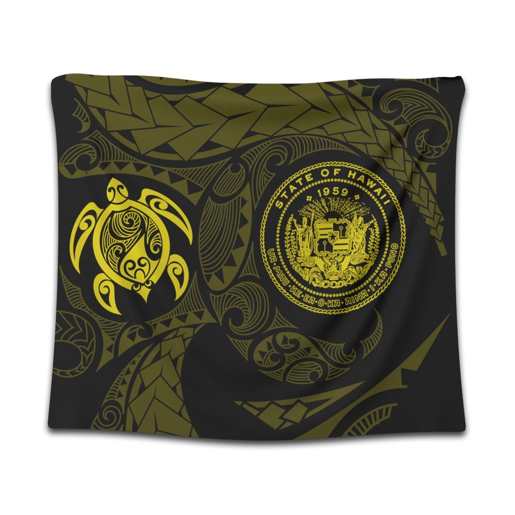 Hawaiian Coat Of Arms Turtle Polynesian Tapestry Yellow AH Wall Tapestry Black - Polynesian Pride