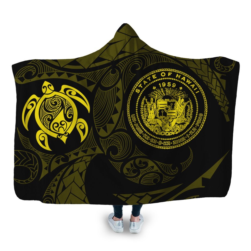 Hawaiian Coat Of Arms Turtle Polynesian Hooded Blanket Yellow AH Hooded Blanket White - Polynesian Pride