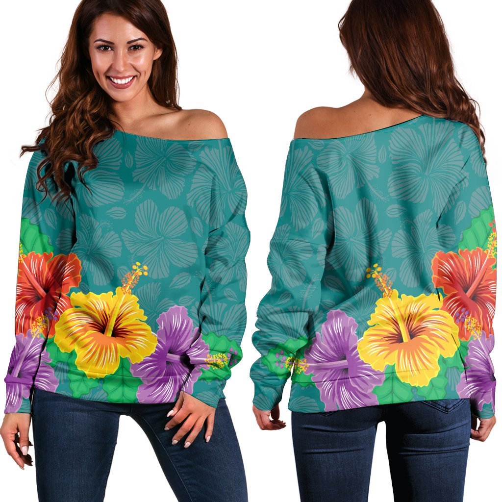 Hawaiian Colorful Hibiscus Polynesian Women's Off Shoulder Sweater - AH Black - Polynesian Pride