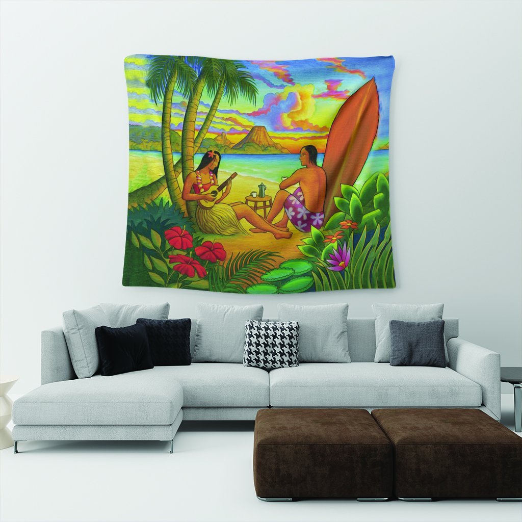 Hawaiian Couple Sing A Song On Beach Sunset Tapestry - AH - Polynesian Pride