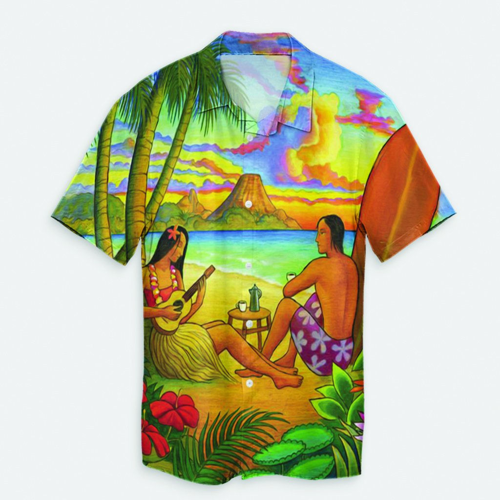 Hawaiian Couple Sing A Song On Beach Sunset Hawaiian Shirt - AH Unisex Black - Polynesian Pride