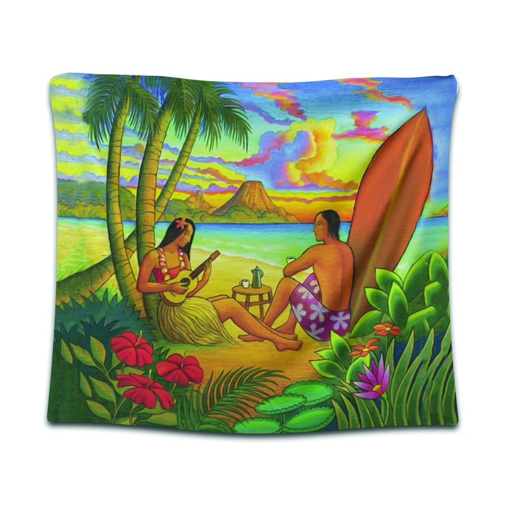 Hawaiian Couple Sing A Song On Beach Sunset Tapestry - AH Wall Tapestry Black - Polynesian Pride