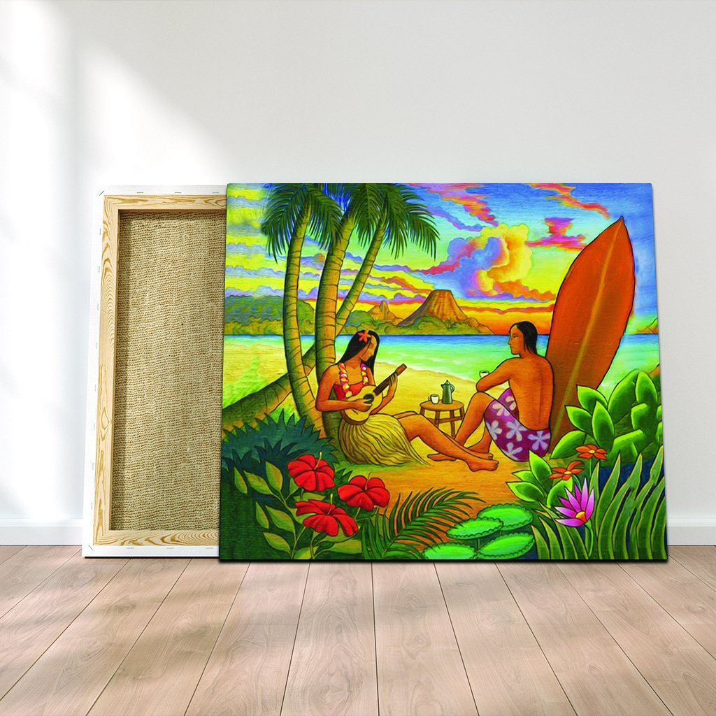 Hawaiian Couple Sing A Song On Beach Sunset Canvas - AH Canvas Poly-cotton - Polynesian Pride