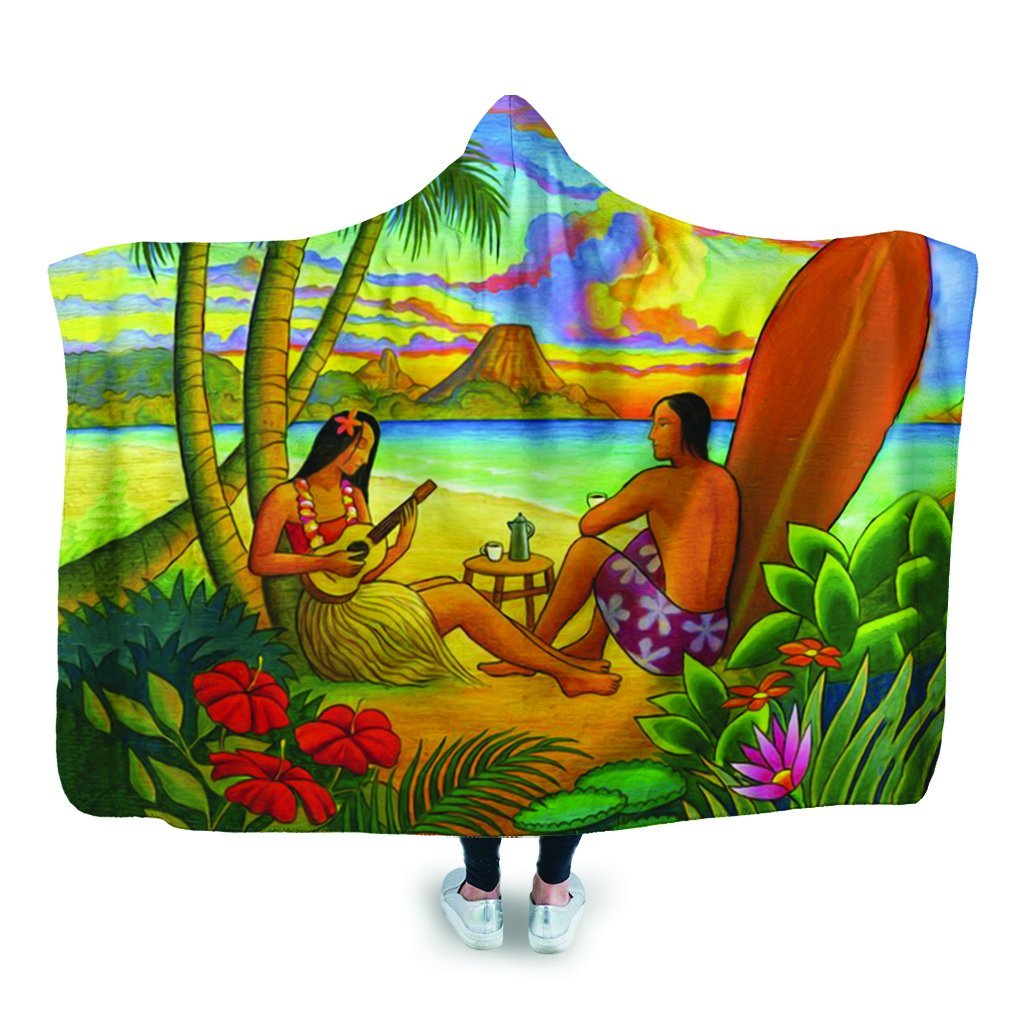 Hawaiian Couple Sing A Song On Beach Sunset Hooded Blanket - AH Hooded Blanket White - Polynesian Pride