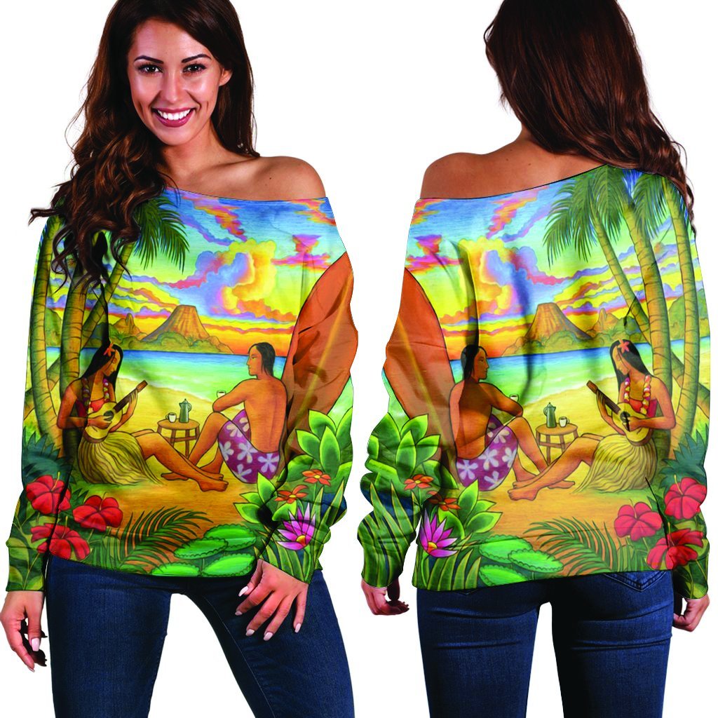 Hawaiian Couple Sing A Song On Beach Sunset Women's Off Shoulder Sweater - AH Black - Polynesian Pride