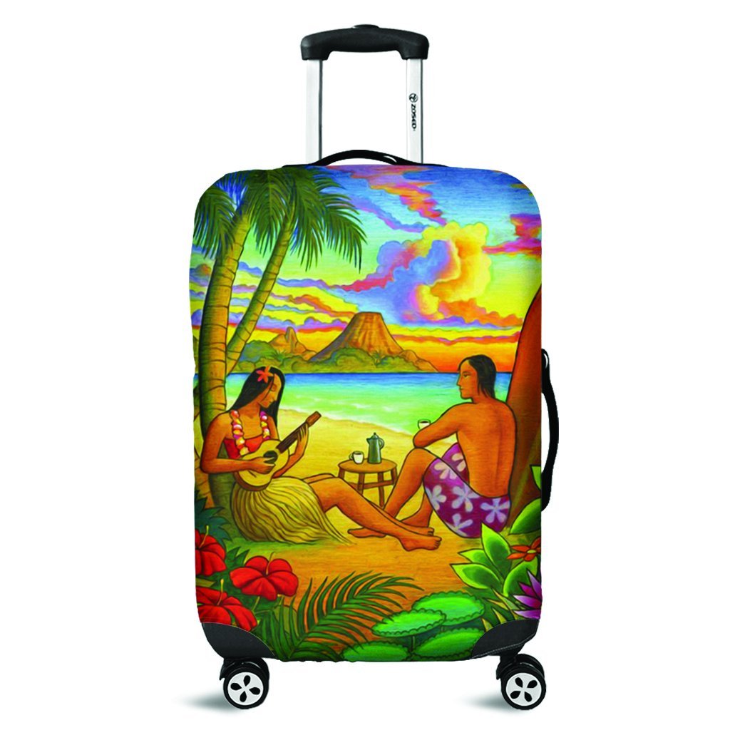 Hawaiian Couple Sing A Song On Beach Sunset Luggage Covers - AH Black - Polynesian Pride