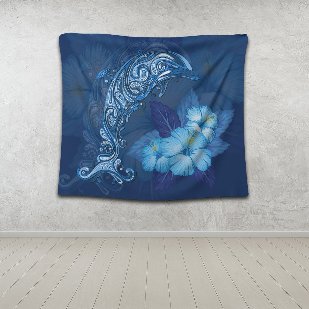Hawaiian Dolphin Hibiscus Tropic Blue Polynesian Tapestry - AH - Polynesian Pride