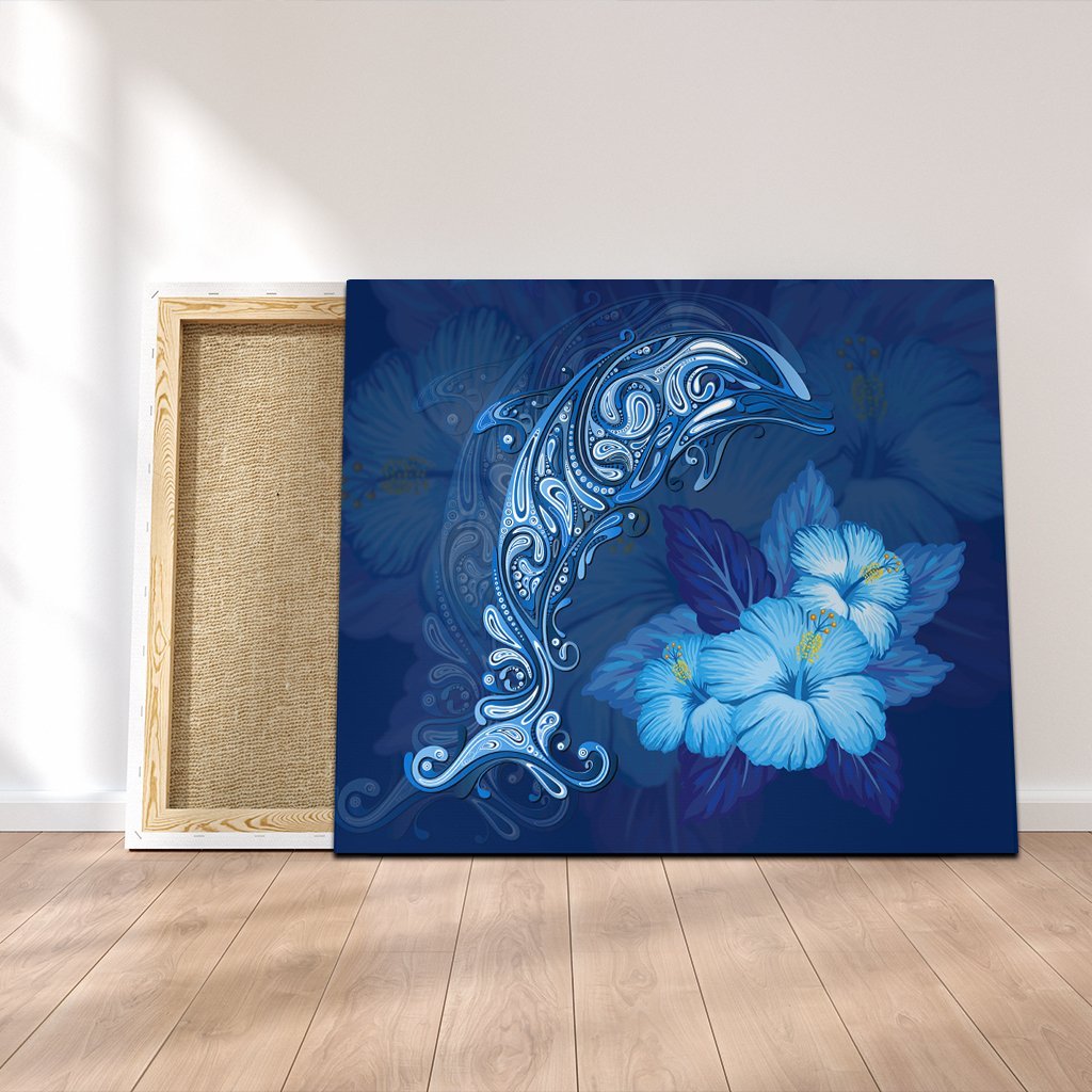 Hawaiian Dolphin Hibiscus Tropic Blue Polynesian Canvas - AH Canvas Poly-cotton - Polynesian Pride