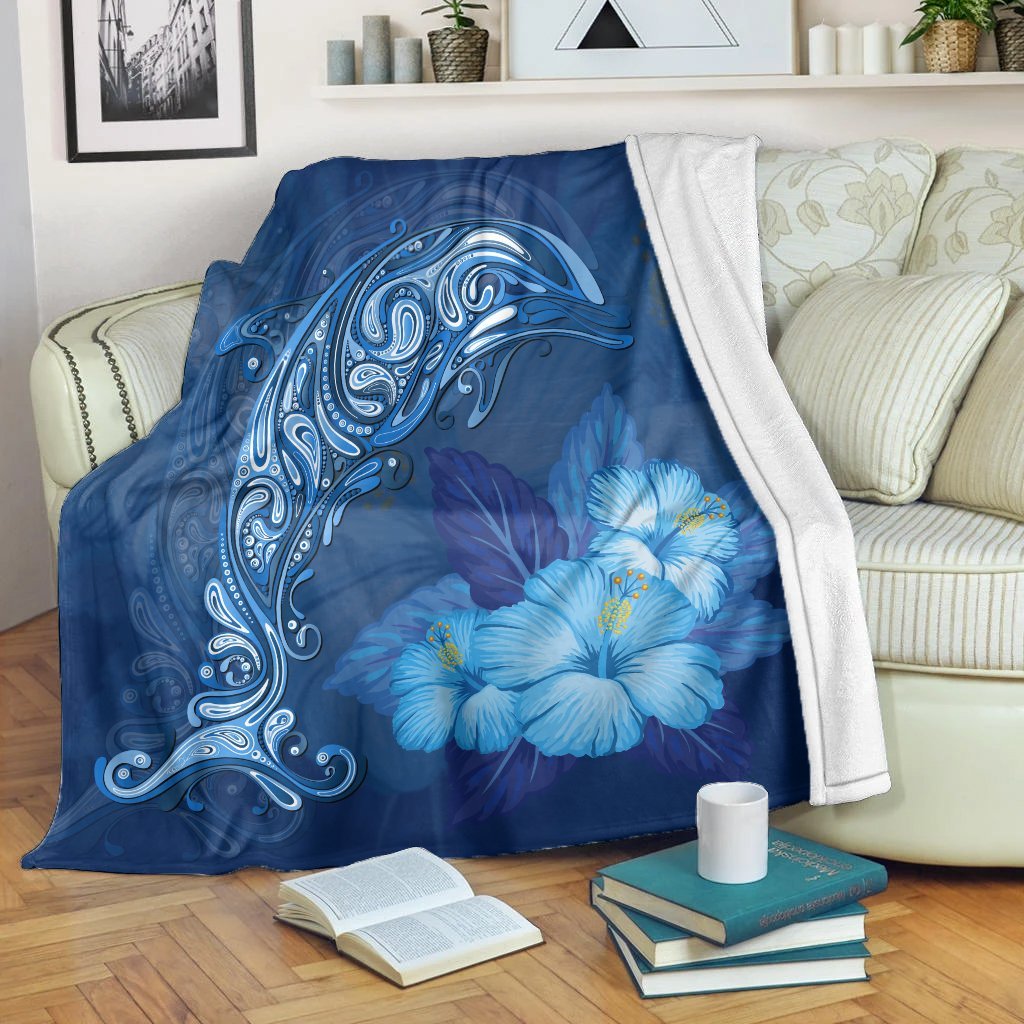 Hawaiian Dolphin Hibiscus Tropic Blue Polynesian Premium Blankets - AH White - Polynesian Pride