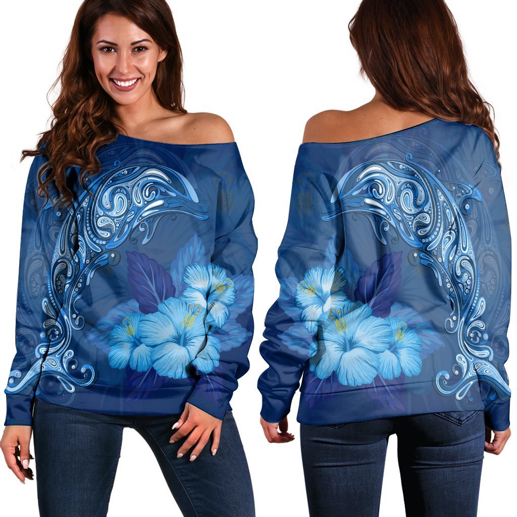 Hawaiian Dolphin Hibiscus Tropic Blue Polynesian Women's Off Shoulder Sweater - AH Black - Polynesian Pride