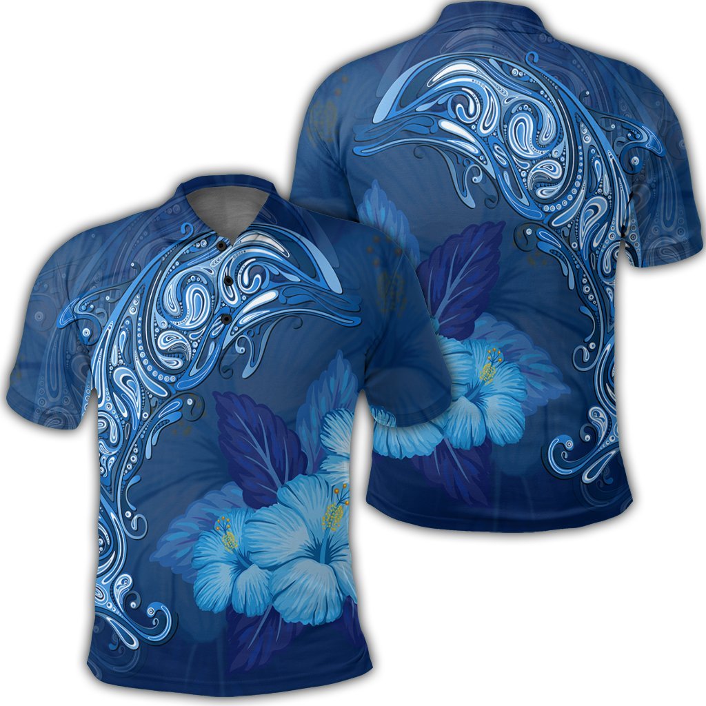 Hawaiian Dolphin Hibiscus Tropic Blue Polynesian Polo Shirt Unisex Black - Polynesian Pride