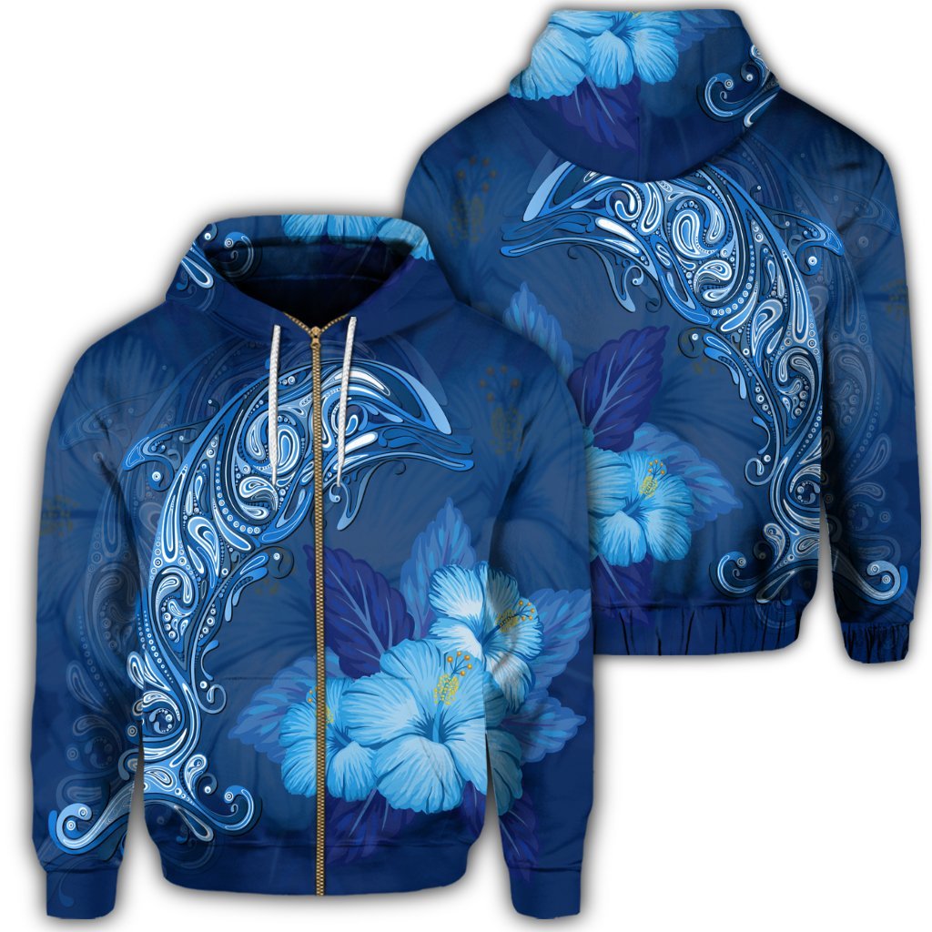 Hawaiian Dolphin Hibiscus Tropic Blue Polynesian Zip Hoodie Unisex Art - Polynesian Pride