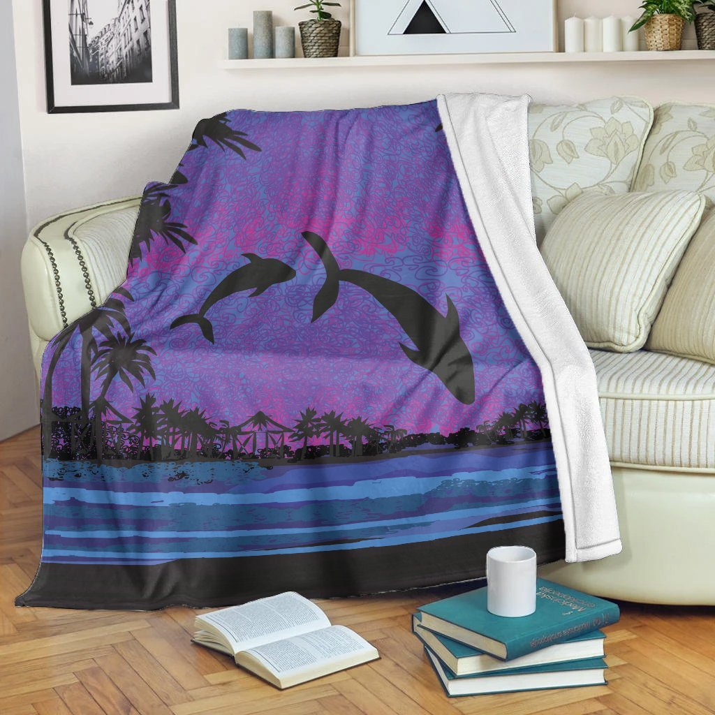 Hawaiian Dolphin In Night Polynesian Premium Blankets - AH White - Polynesian Pride