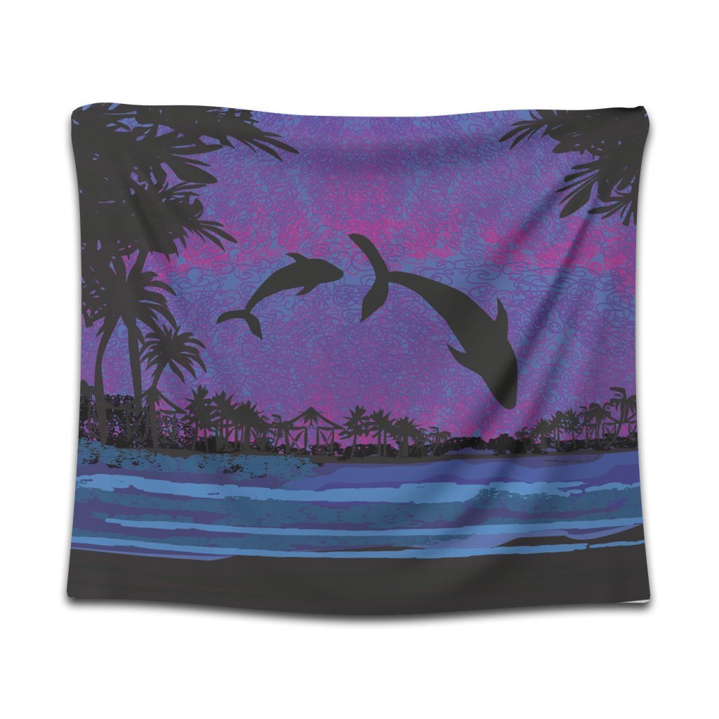 Hawaiian Dolphin In Night Polynesian Tapestry - AH Wall Tapestry Black - Polynesian Pride