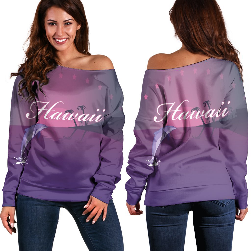 Hawaiian Dolphin Violet Polynesian Women's Off Shoulder Sweater - AH Black - Polynesian Pride