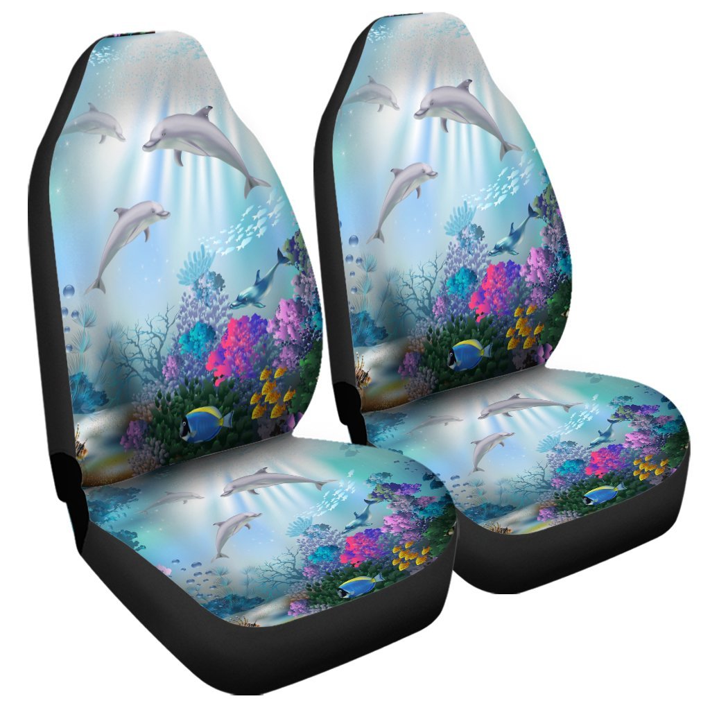 Hawaiian Dolphins Play The Ocean Polynesian Car Seat Covers - AH Universal Fit Black - Polynesian Pride