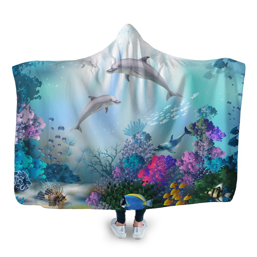 Hawaiian Dolphins Play The Ocean Polynesian Hooded Blanket - AH Hooded Blanket White - Polynesian Pride