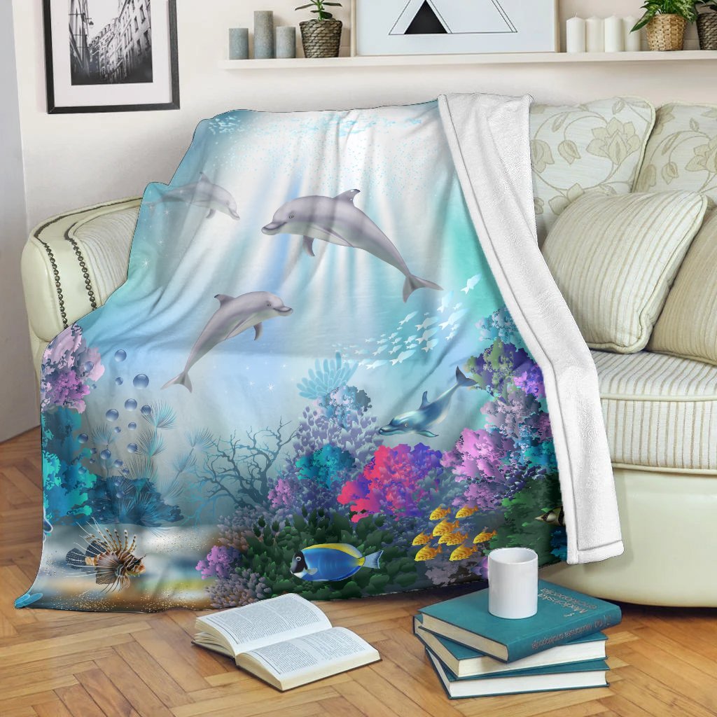 Hawaiian Dolphins Play The Ocean Polynesian Premium Blankets - AH White - Polynesian Pride