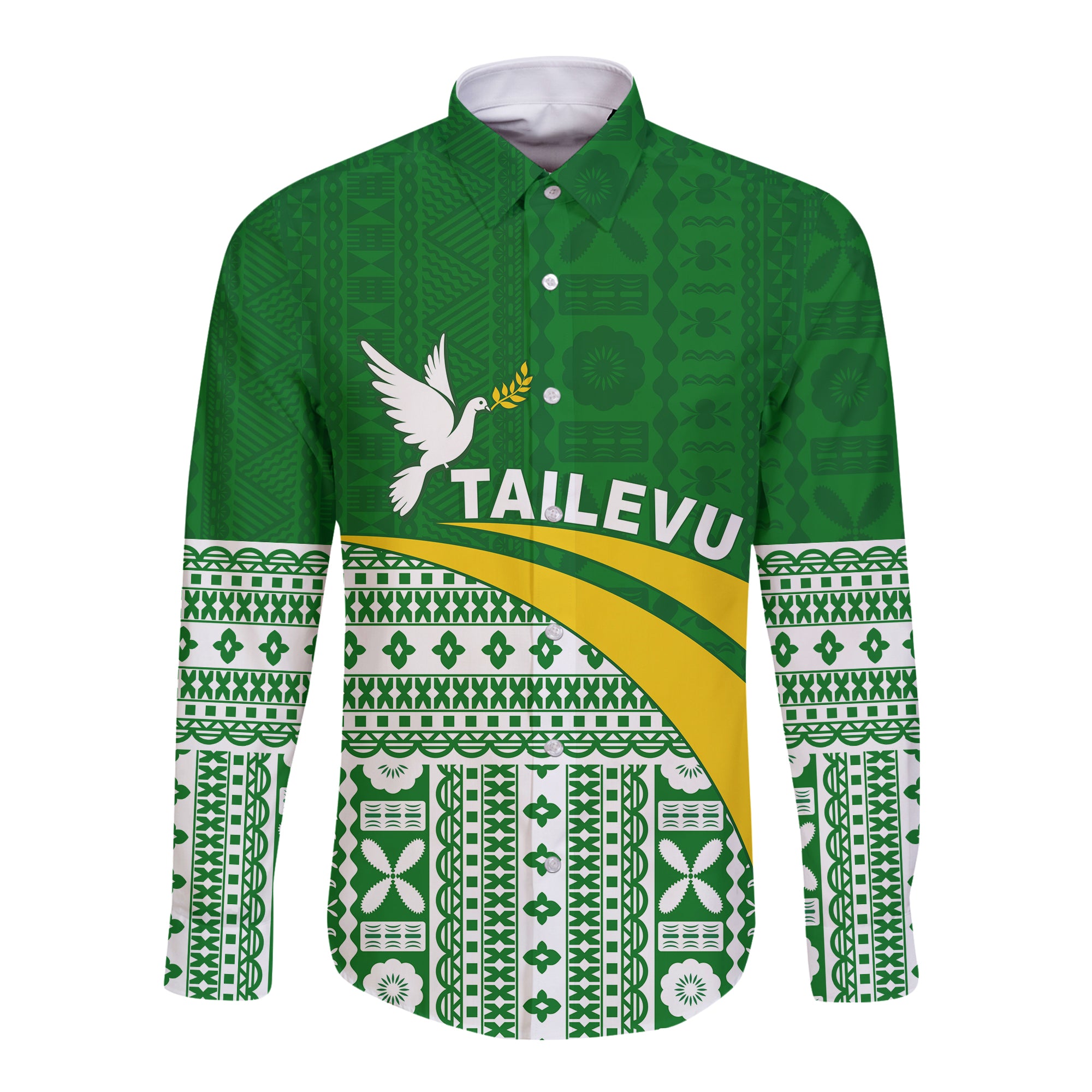 Tailevu Rugby Hawaii Long Sleeve Button Shirt Fiji Rugby Tapa Pattern Green LT13 Unisex Green - Polynesian Pride