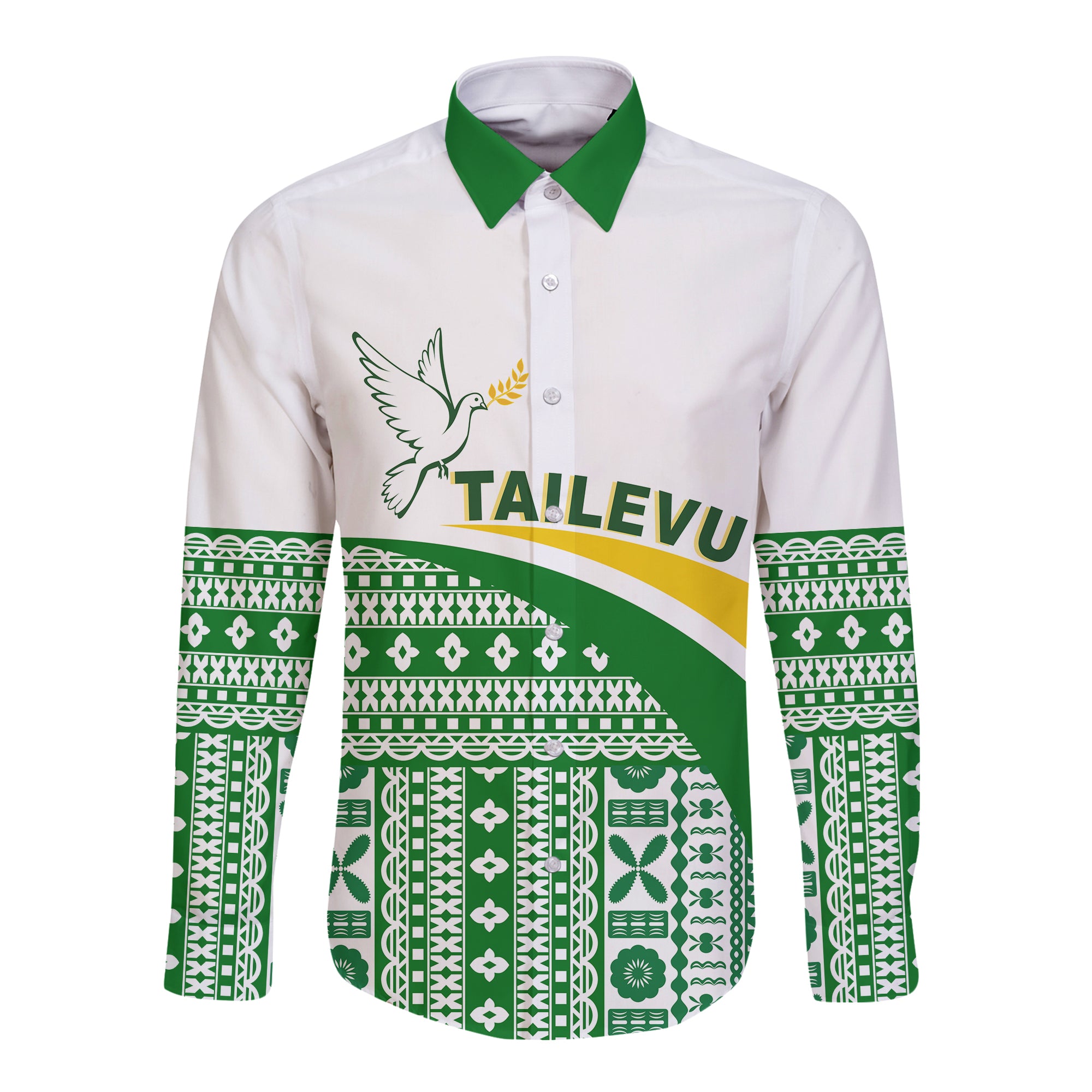 Tailevu Rugby Hawaii Long Sleeve Button Shirt Fiji Rugby Tapa Pattern White LT13 Unisex White - Polynesian Pride