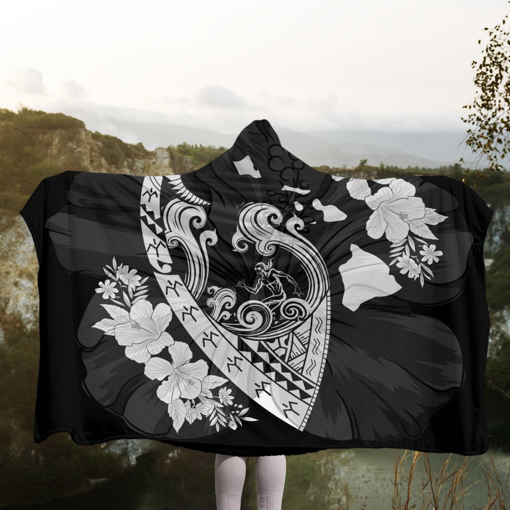 Hawaiian Fish Hook Hibiscus Banzai Surfing Polynesian Hooded Blanket - AH - Polynesian Pride