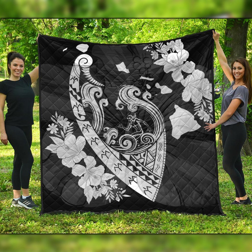 Hawaiian Fish Hook Hibiscus Banzai Surfing Polynesian Premium Quilts - AH Black - Polynesian Pride