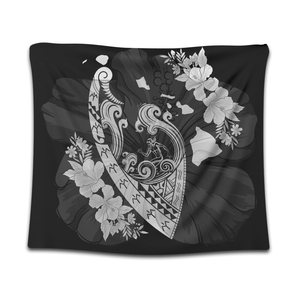 Hawaiian Fish Hook Hibiscus Banzai Surfing Polynesian Tapestry - AH Wall Tapestry Black - Polynesian Pride