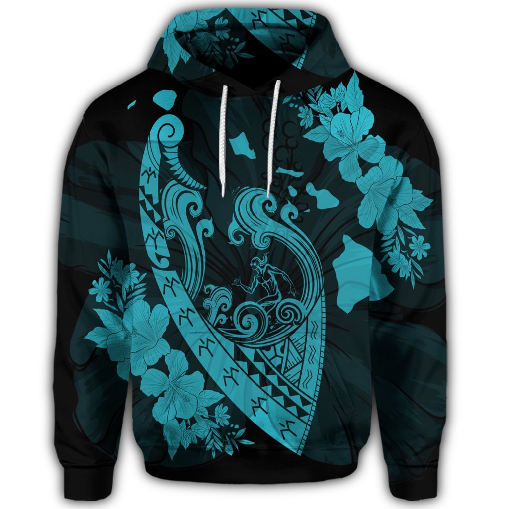 Hawaiian Fish Hook Hibiscus Banzai Surfing Polynesian Hoodie Blue - Polynesian Pride