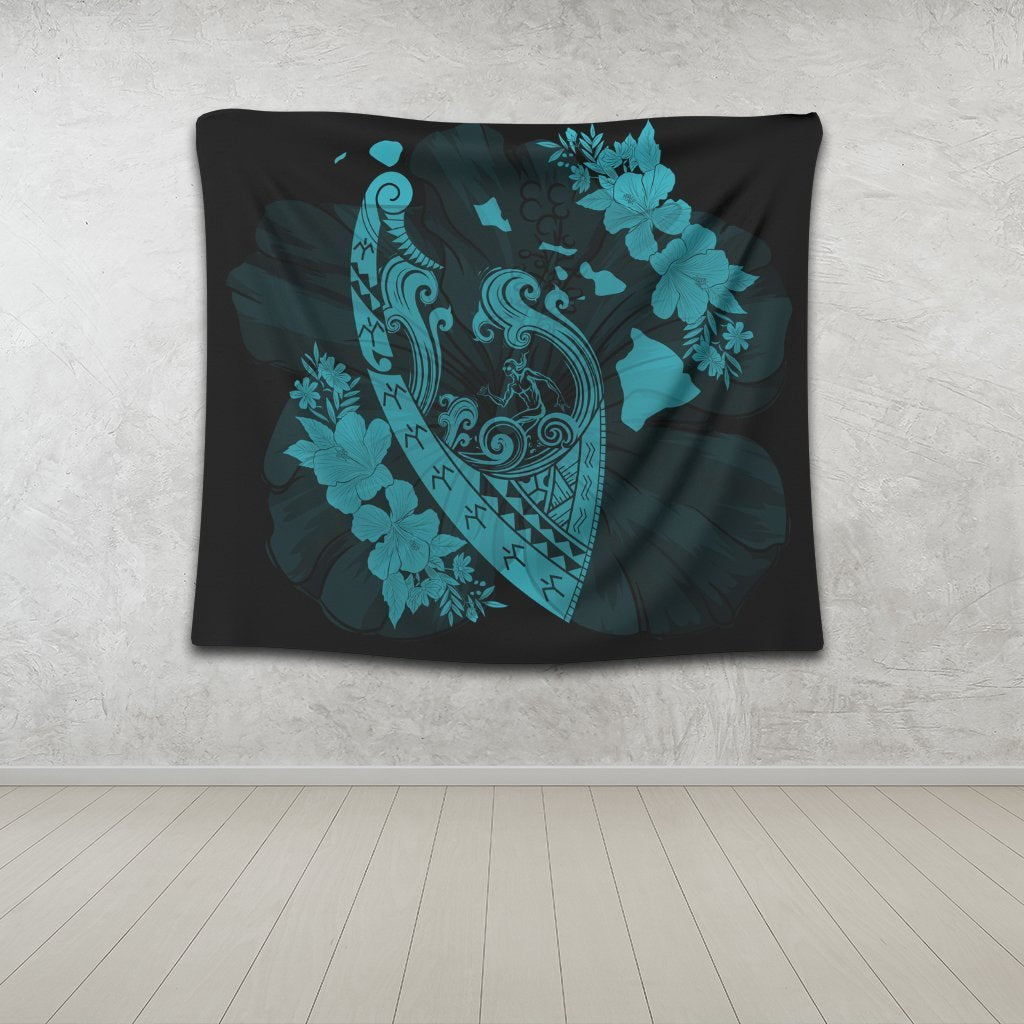 Hawaiian Fish Hook Hibiscus Banzai Surfing Polynesian Tapestry Blue - AH - Polynesian Pride