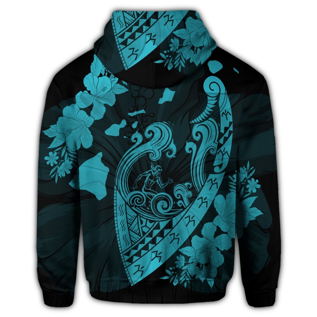 Hawaiian Fish Hook Hibiscus Banzai Surfing Polynesian Zip Hoodie Blue - Polynesian Pride