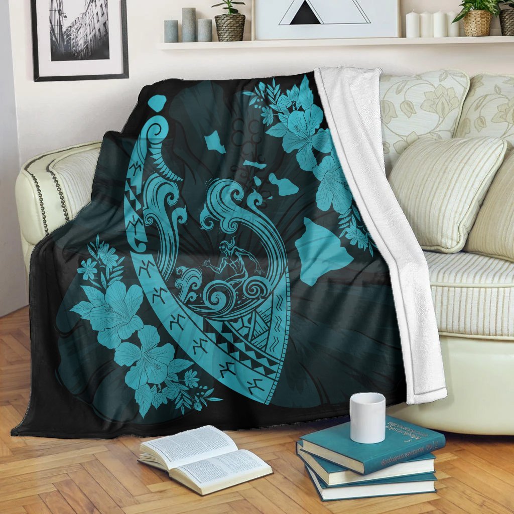 Hawaiian Fish Hook Hibiscus Banzai Surfing Polynesian Premium Blankets Blue - AH White - Polynesian Pride