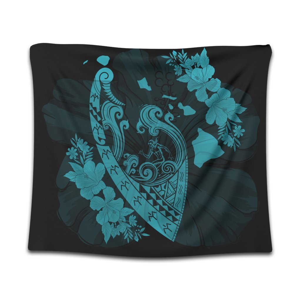 Hawaiian Fish Hook Hibiscus Banzai Surfing Polynesian Tapestry Blue - AH Wall Tapestry Black - Polynesian Pride